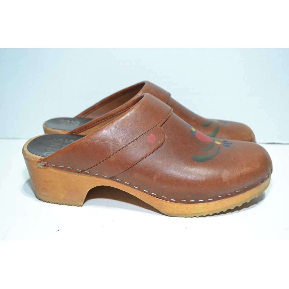 Sven's Clogs Shoes Womens Size 8 Brown Leather Wooden Floral Slip On Clogs